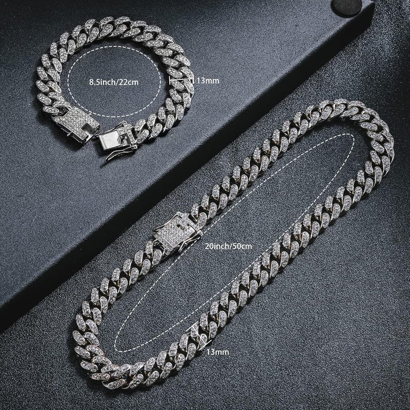 GIHENHAO Cuban Link Chain for Men,Silver Necklace and Bracelet,Miami Cuban Chains,Bling Diamond Chain for Hip Hop Jewelry - Image 3